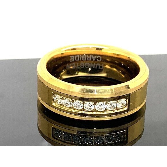 Men's Wedding Band Gold Tone Tungsten Cubic Zirconia 8mm Ring Size 10 - Picture 1 of 15